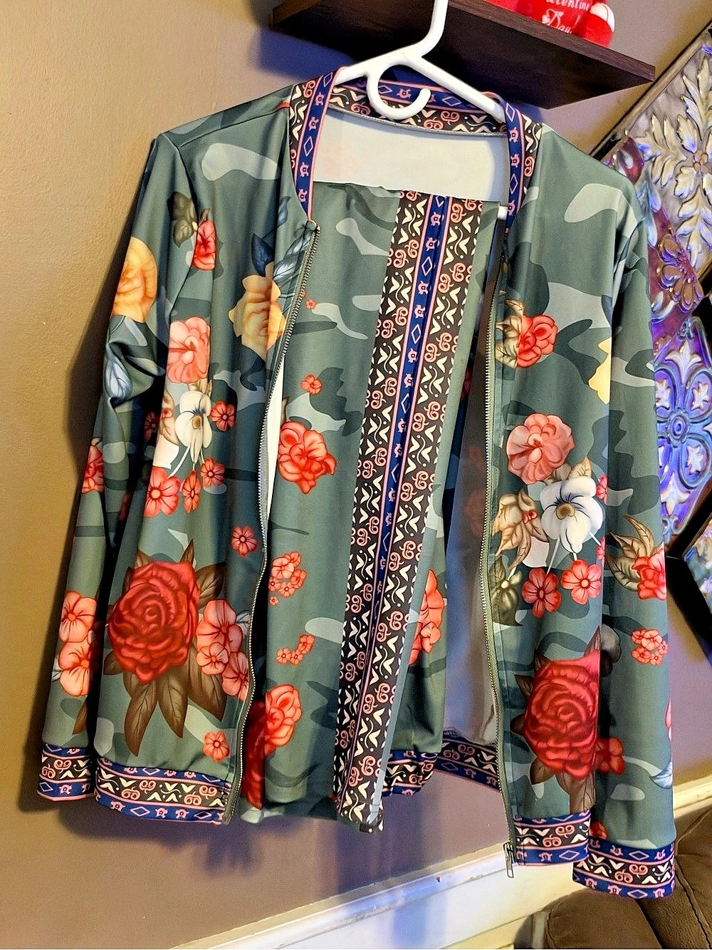 Floral Bomber Jacket in Green & Red Like New
